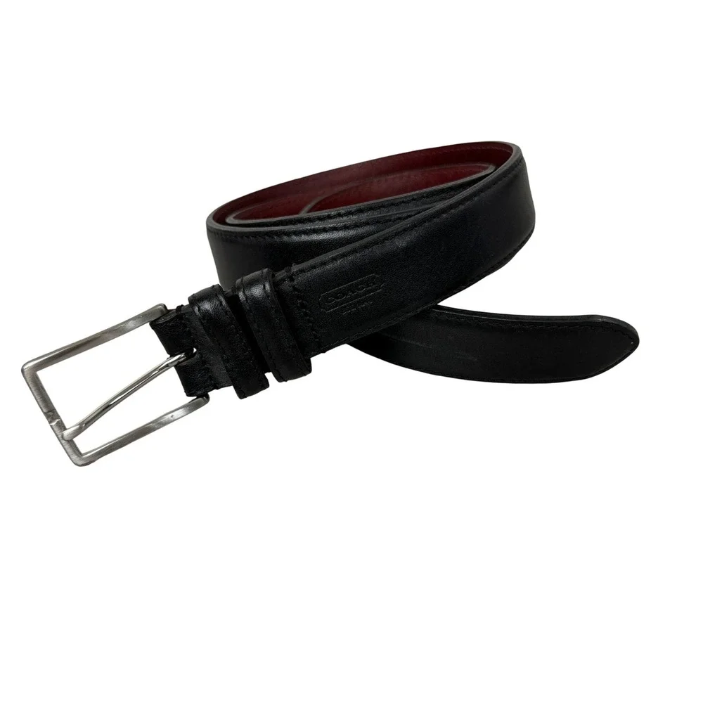 Coach Belt Mens 38 Black Leather Silver Buckle Dress Casual Solid Brass 5954 1